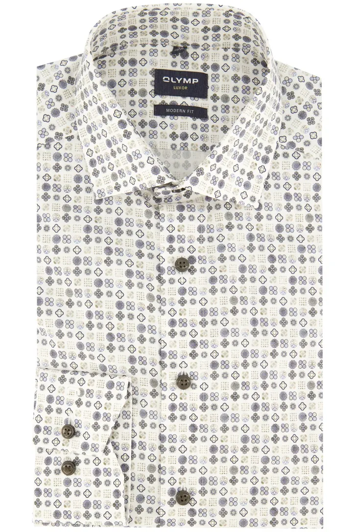 Olymp overhemd beige blauw geprint Luxor Modern Fit