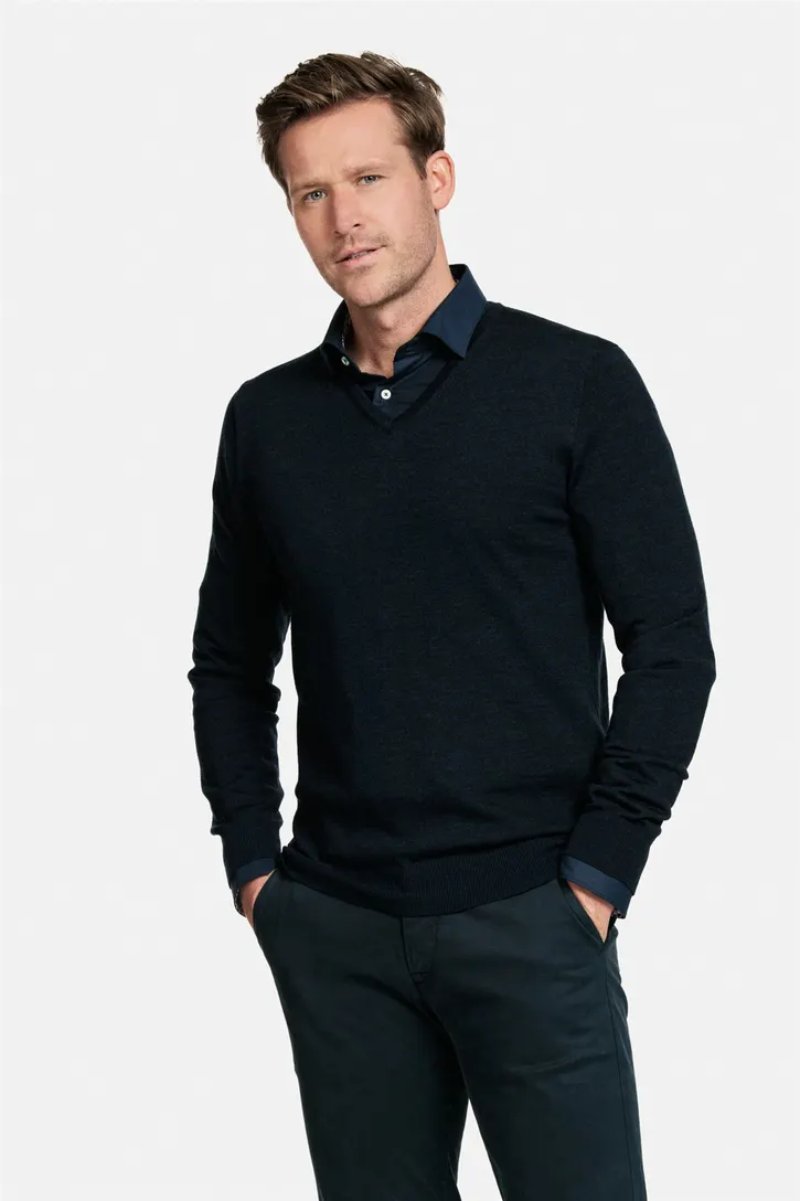 Thomas Maine trui donkerblauw v-hals normale fit 100% wol