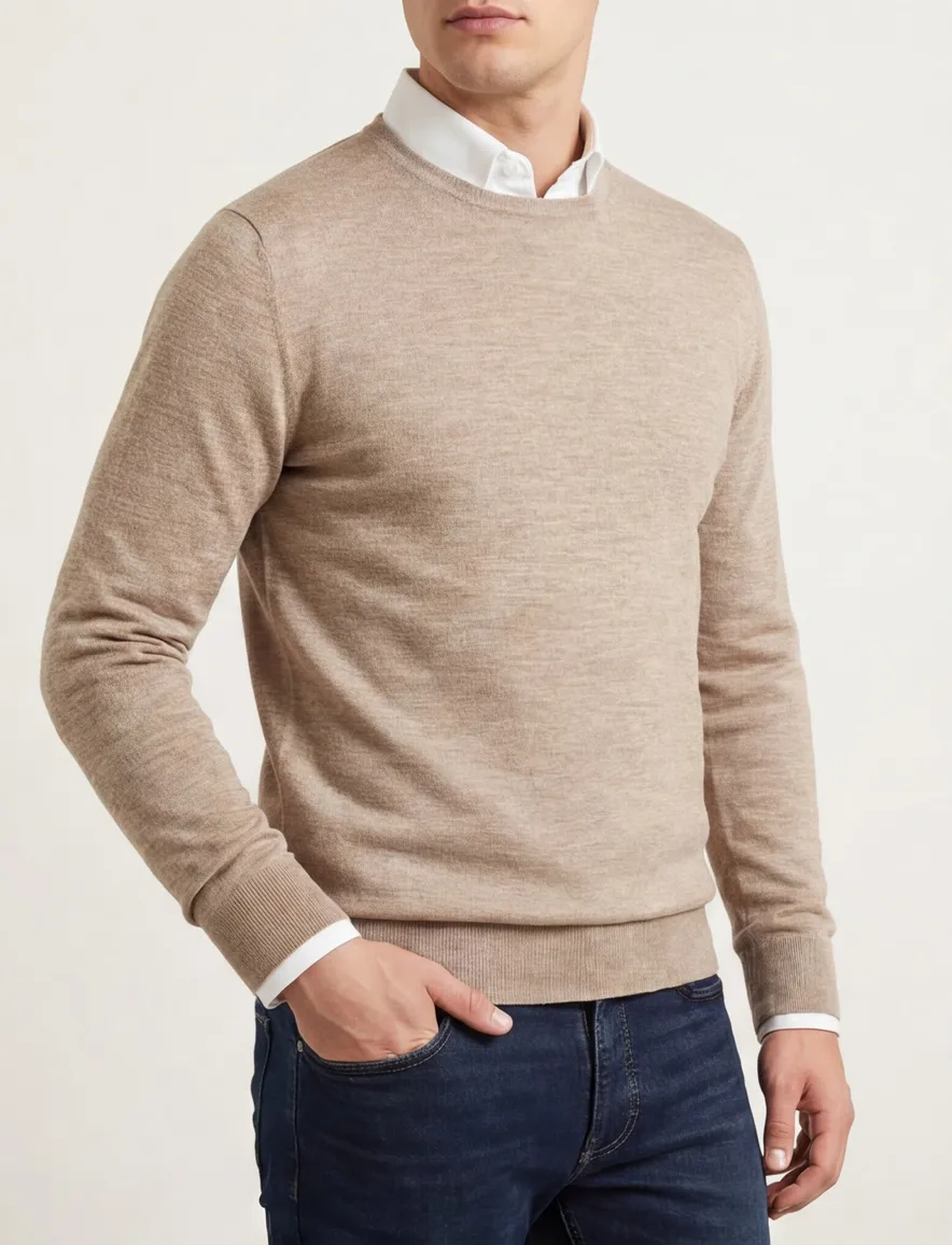 Thomas Maine trui beige gemêleerd normale fit ronde hals
