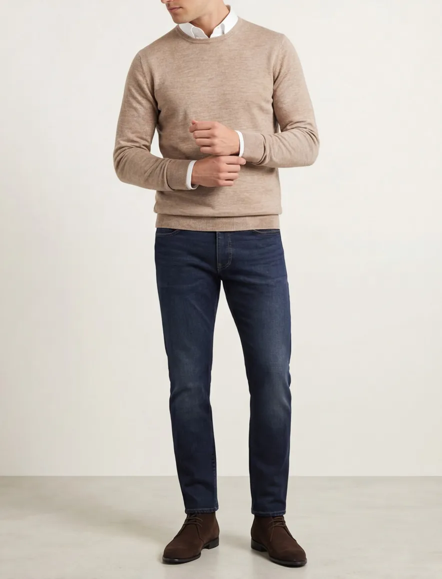 Thomas Maine trui beige gemêleerd normale fit ronde hals