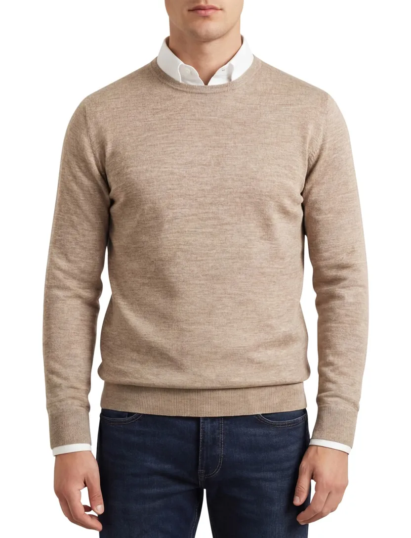 Thomas Maine trui beige ronde hals gemêleerd wol normale fit