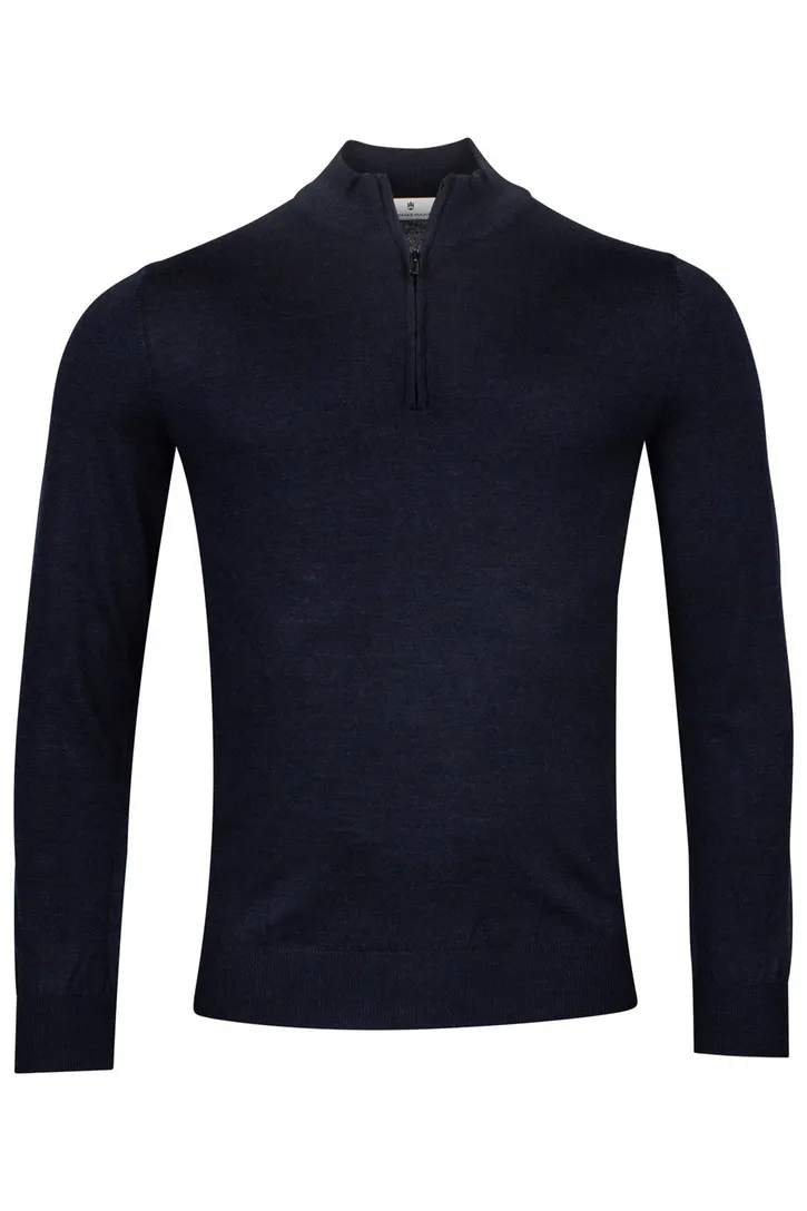 Thomas Maine trui navy half-zip effen normale fit wol