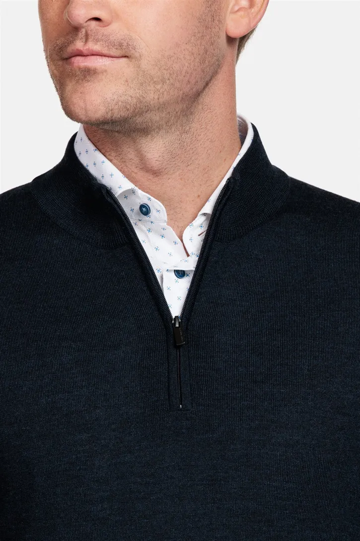 Thomas Maine trui navy half-zip effen normale fit wol