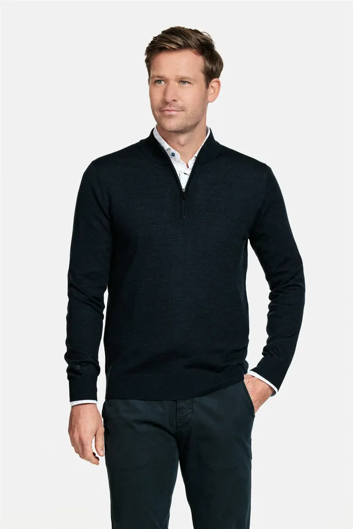 Thomas Maine trui navy half-zip effen normale fit wol