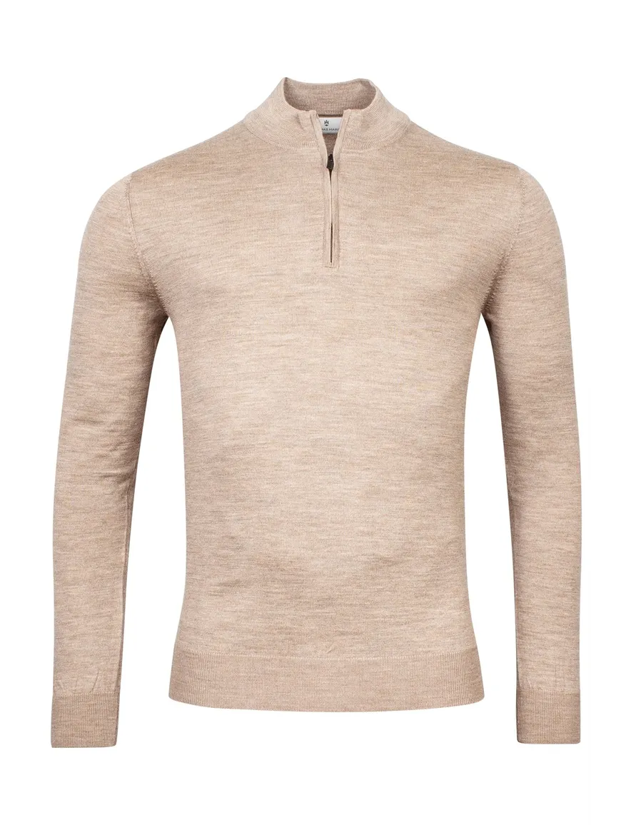 Thomas Maine trui beige half-zip normale fit 100% wol
