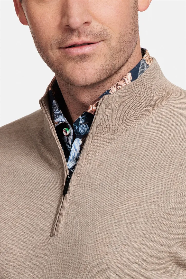 Thomas Maine trui beige half-zip met rits normale fit