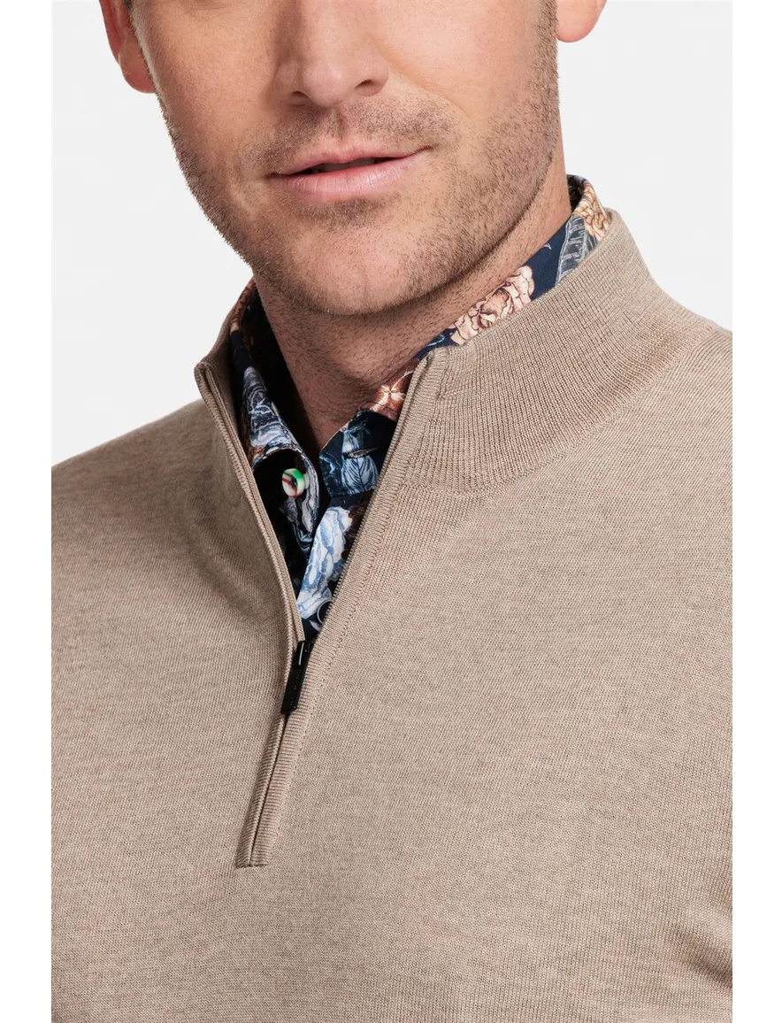 Thomas Maine trui beige half-zip normale fit 100% wol