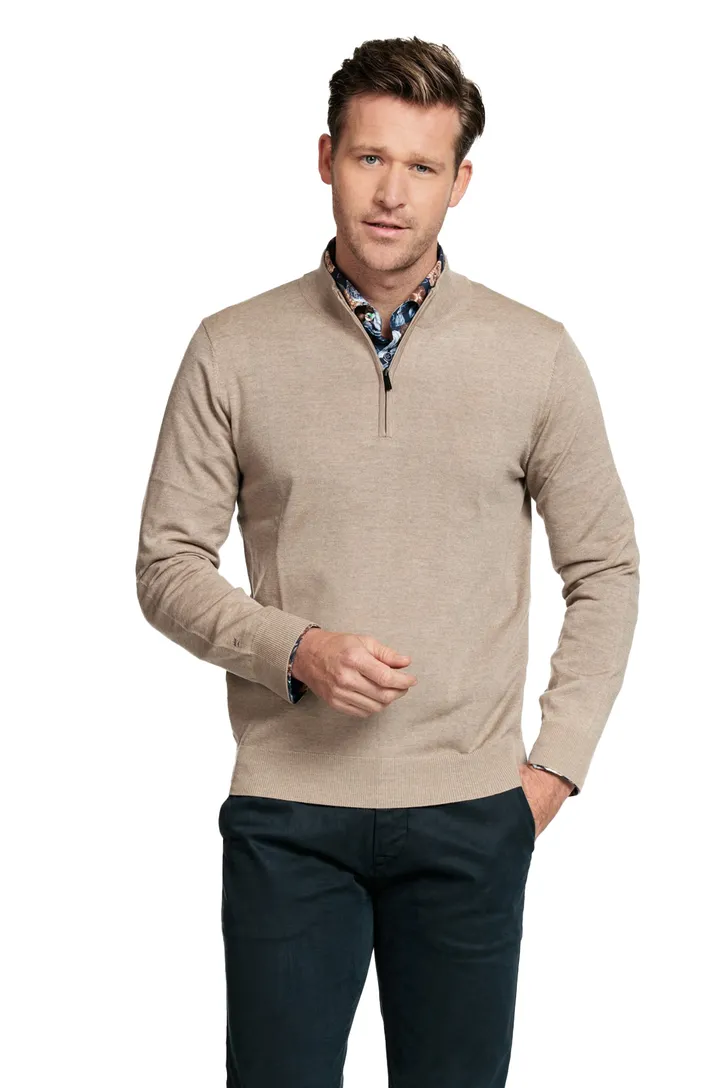 Thomas Maine trui beige half-zip met rits normale fit