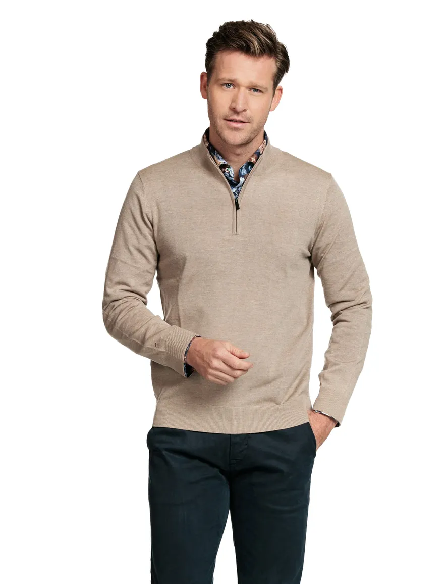 Thomas Maine trui beige half-zip normale fit 100% wol