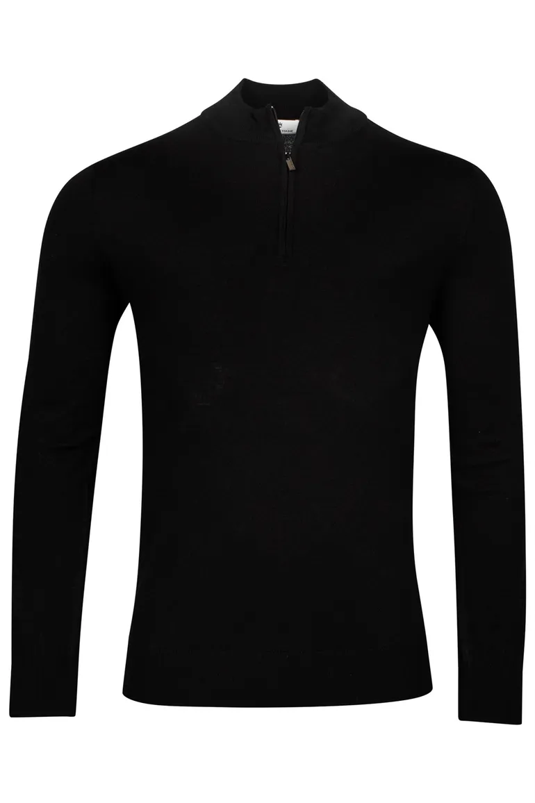 Thomas Maine trui zwart half-zip met rits effen 100% wol