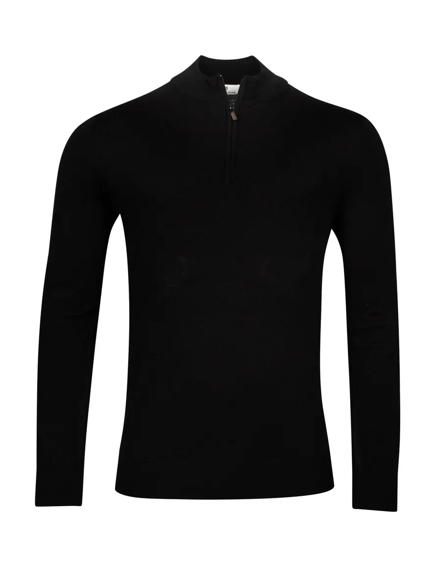 Thomas Maine trui zwart half-zip met rits effen 100% wol