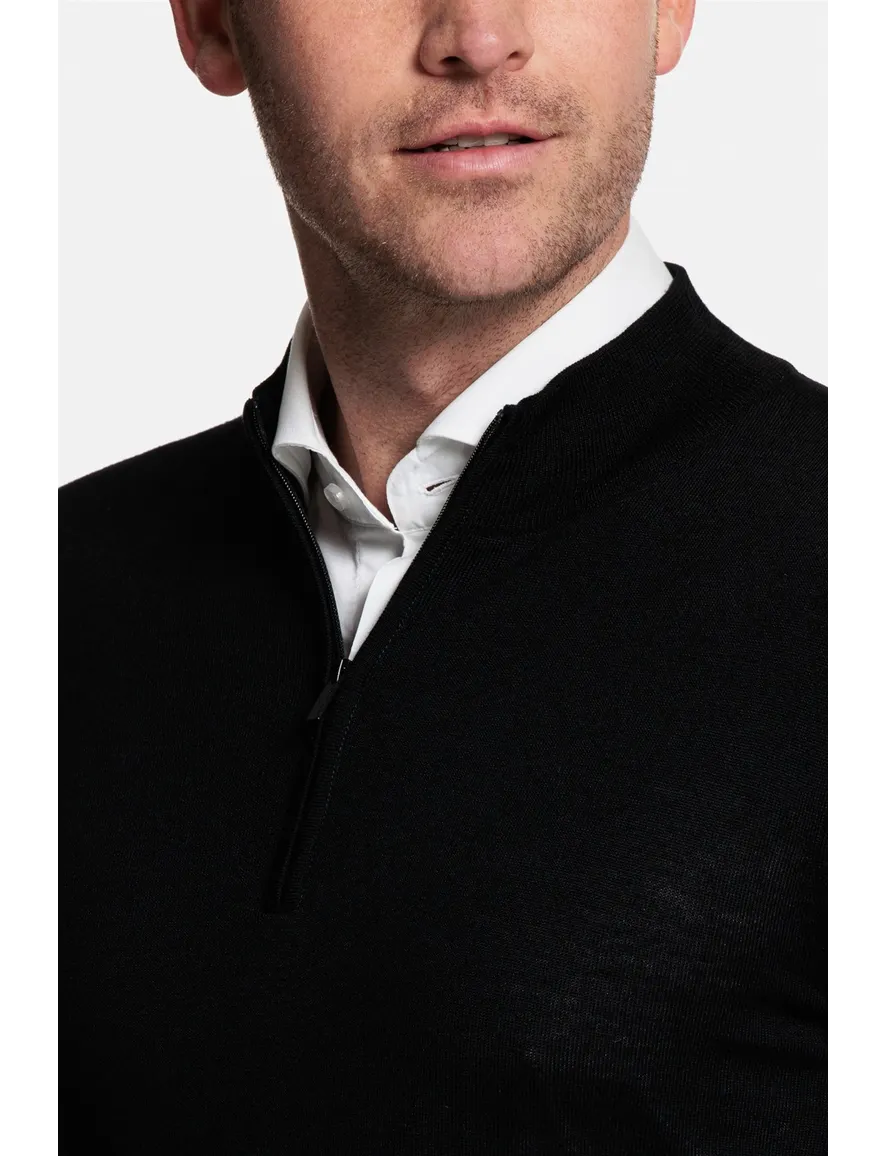 Thomas Maine trui zwart half-zip met rits effen 100% wol