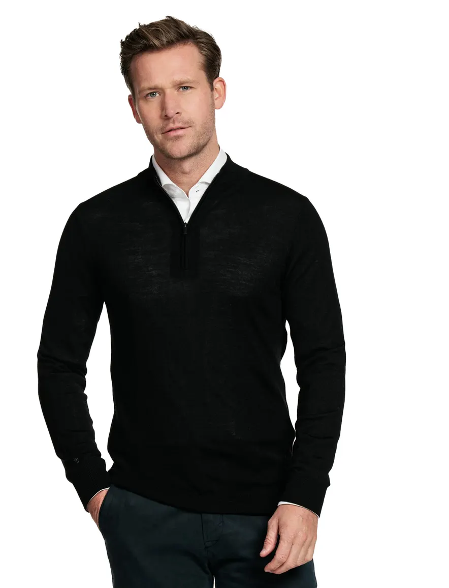 Thomas Maine trui zwart half-zip met rits effen 100% wol