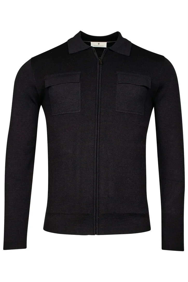 Thomas Maine gebreid vest donkerblauw borstzakken wol normale fit