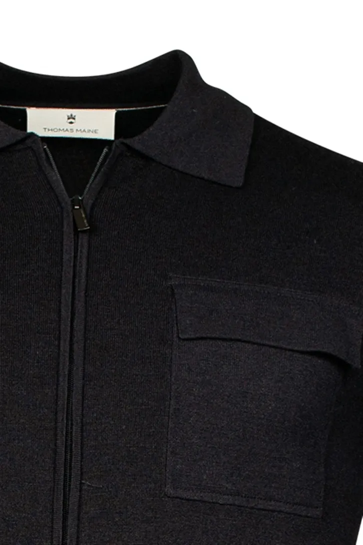 Thomas Maine gebreid vest donkerblauw borstzakken wol normale fit