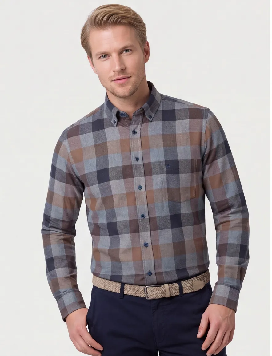 Casa Moda casual overhemd blauw geruit borstzak