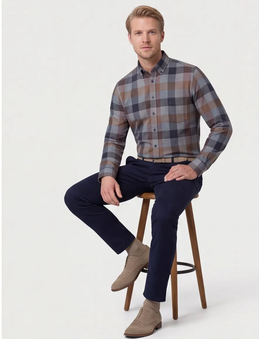 Casa Moda casual overhemd blauw geruit borstzak