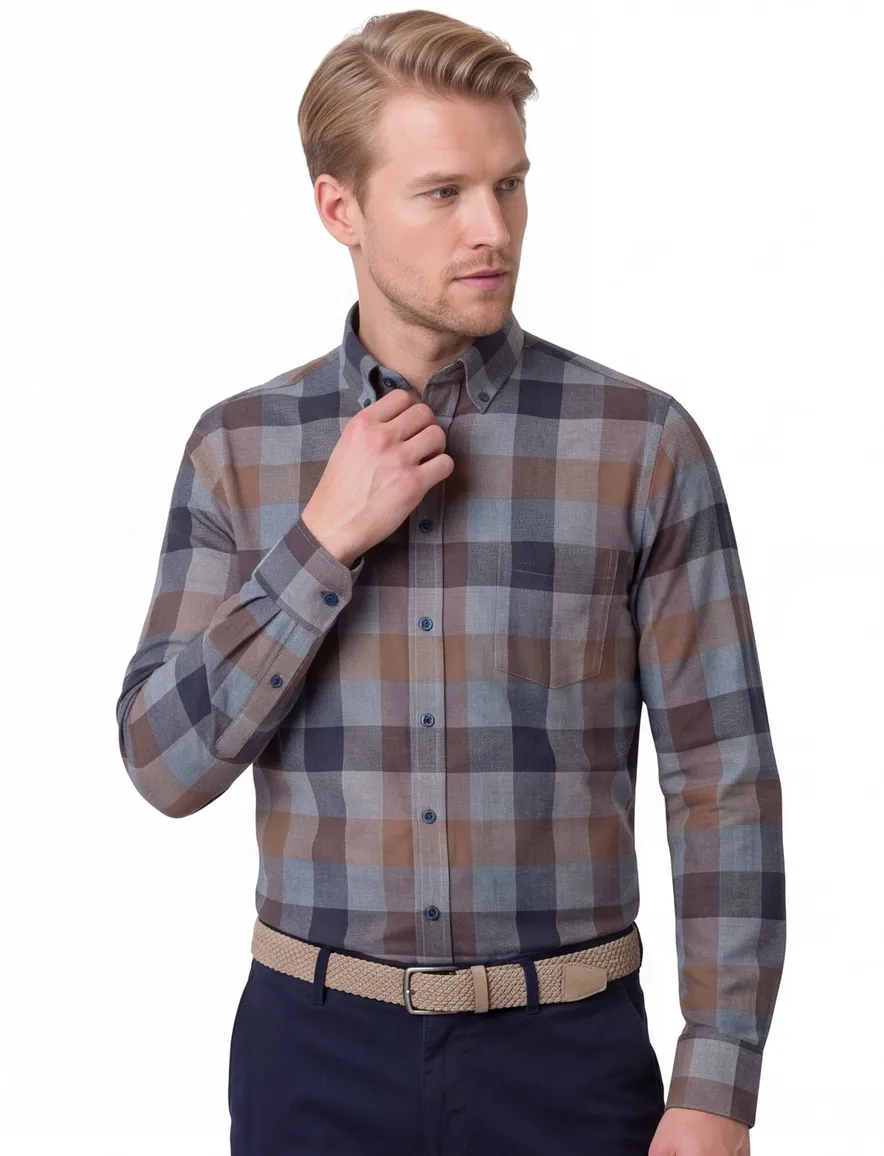 Casa Moda casual overhemd blauw geruit borstzak