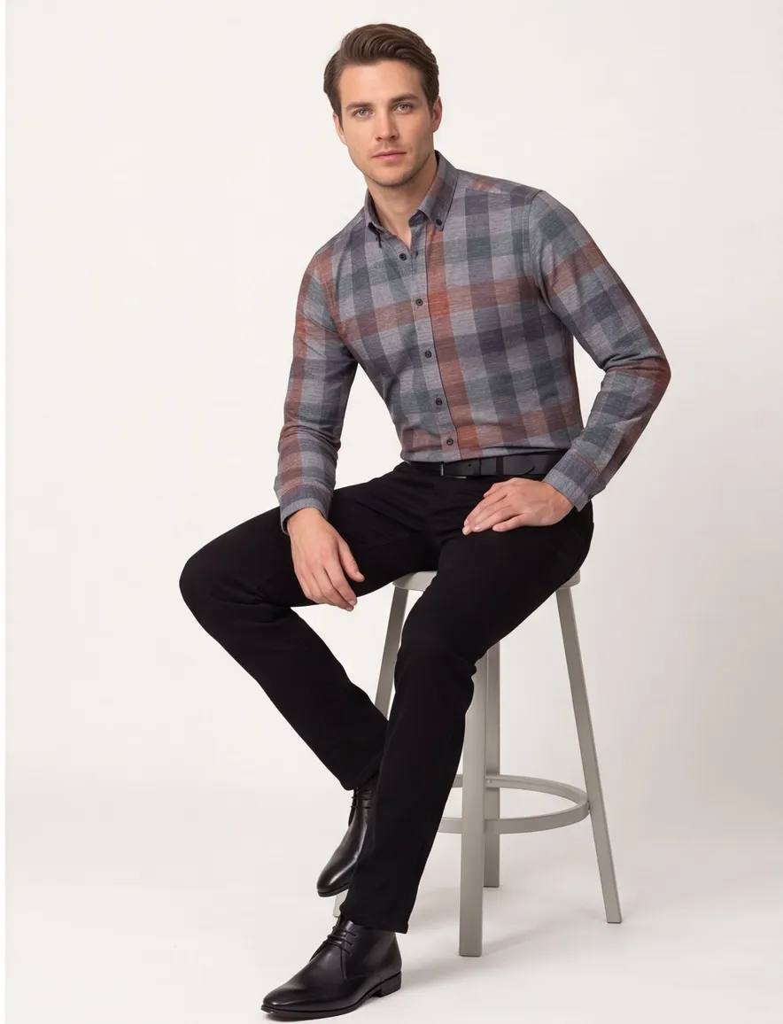 Casa Moda overhemd grijs geruit button-down boord