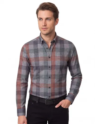 Casa Moda Casa Moda overhemd grijs geruit button-down boord