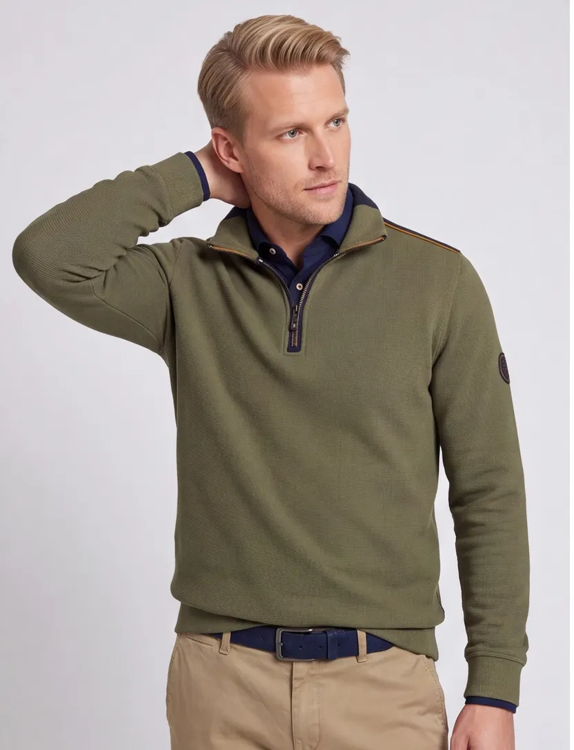 Casa Moda trui groen half zip wijde fit katoen
