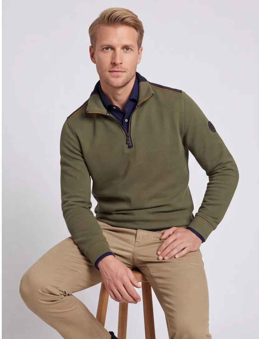 Casa Moda trui groen half zip wijde fit katoen