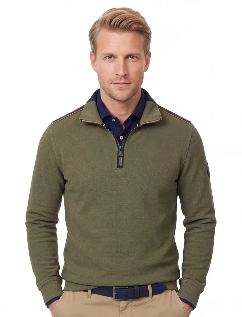 Casa Moda trui groen half zip wijde fit katoen
