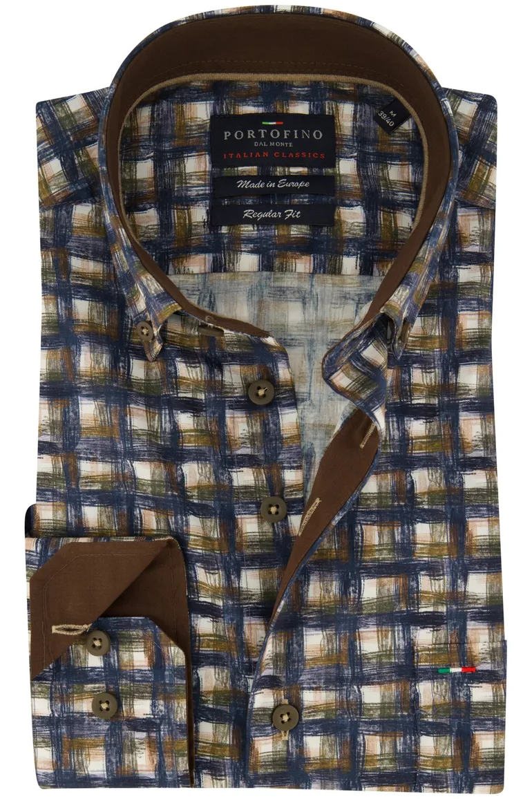 Portofino Regular Fit overhemd donkerblauw geprint geruit