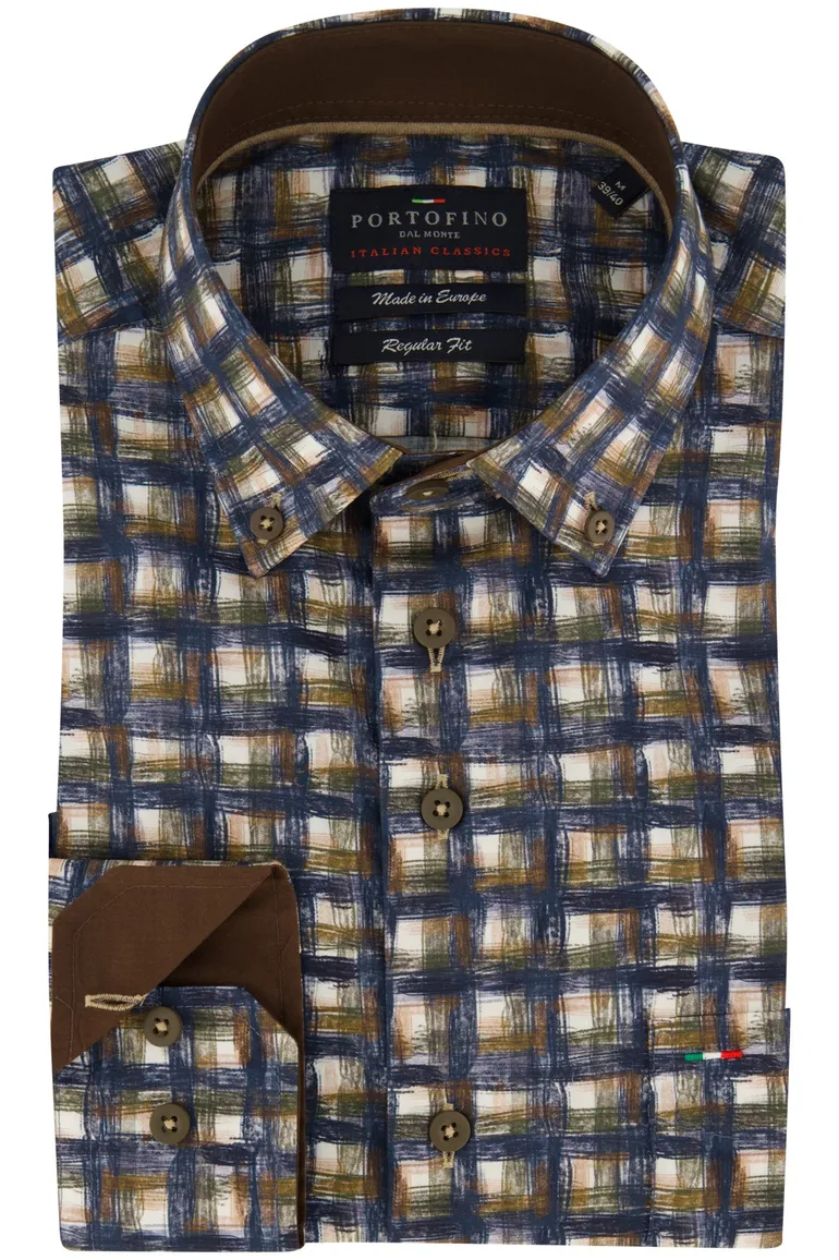 Portofino Regular Fit overhemd donkerblauw geprint geruit