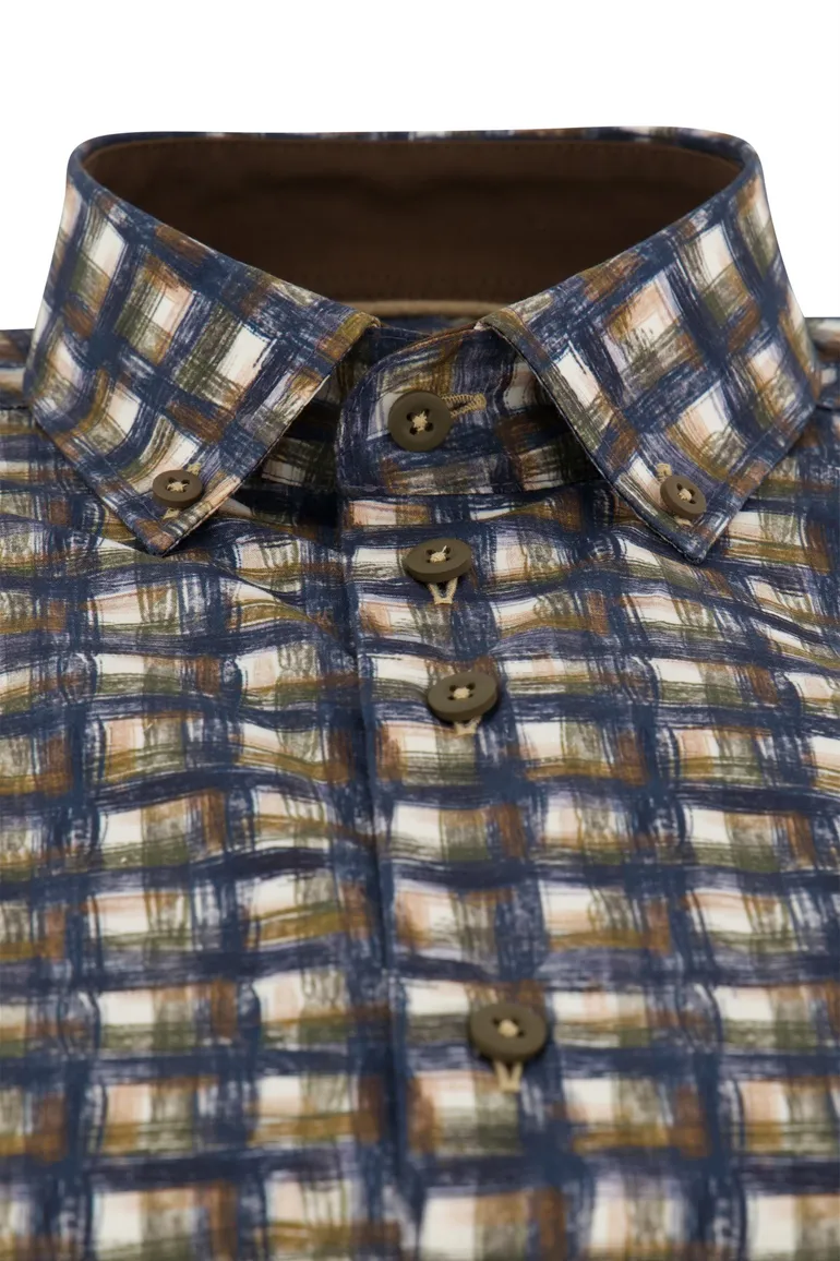 Portofino Regular Fit overhemd donkerblauw geprint geruit