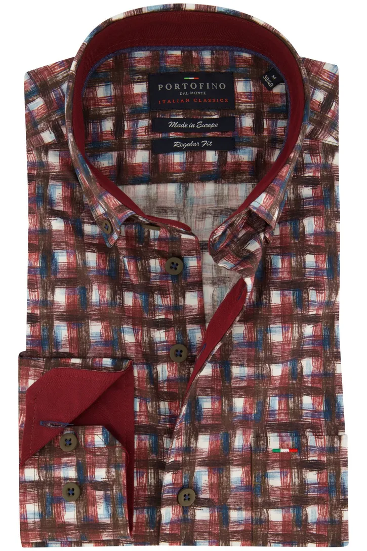Portofino Regular FIt overhemd rood bruin geprint geruit