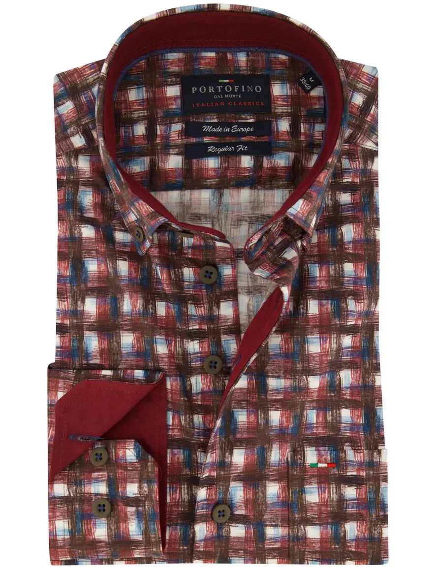 Portofino Regular FIt overhemd rood bruin geprint geruit