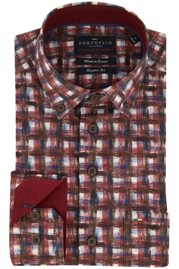 Portofino Regular FIt overhemd rood bruin geprint geruit