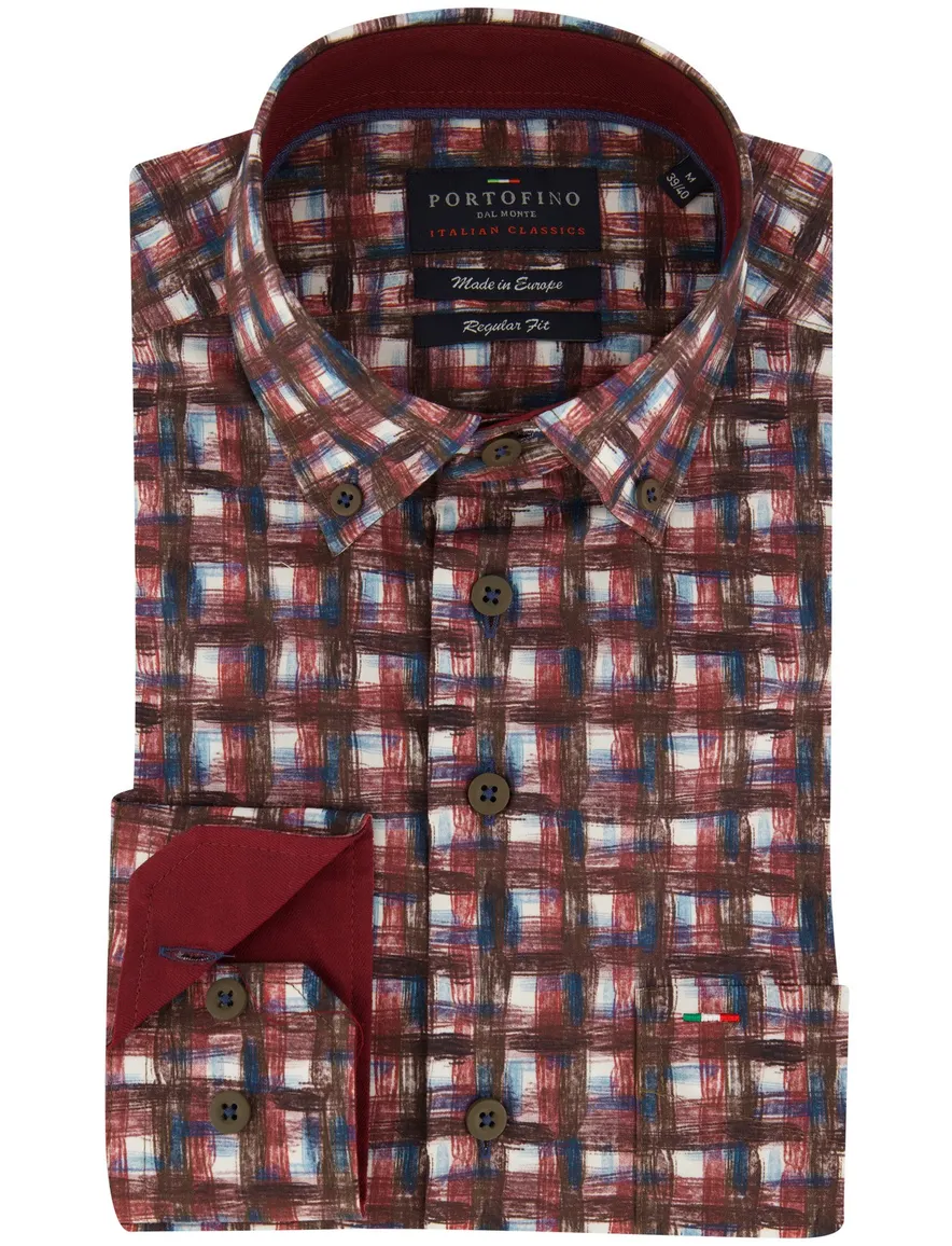 Portofino Regular FIt overhemd rood bruin geprint geruit
