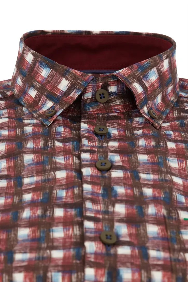 Portofino Regular FIt overhemd rood bruin geprint geruit