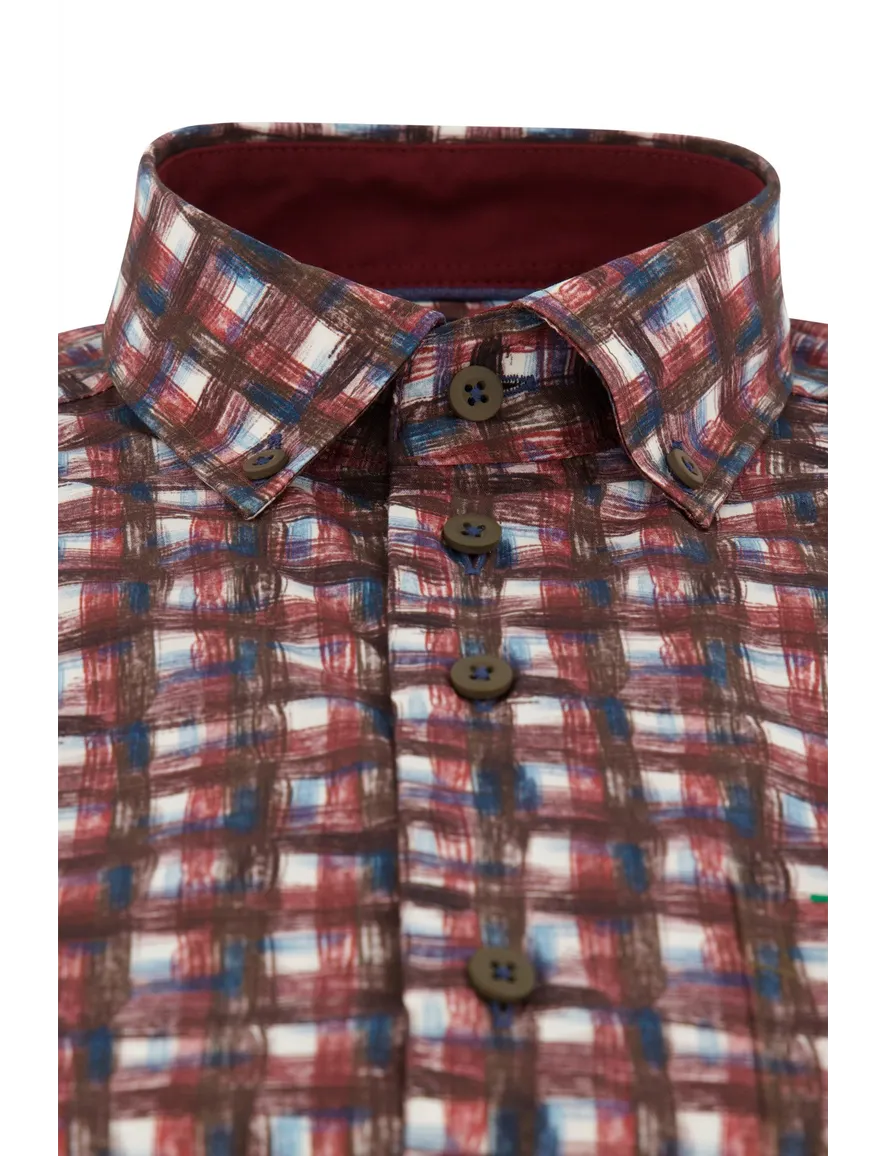 Portofino Regular FIt overhemd rood bruin geprint geruit