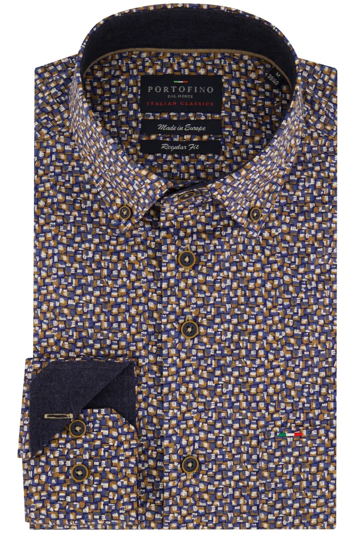 Donkerblauwe geprinte overhemd Portofino Regular Fit