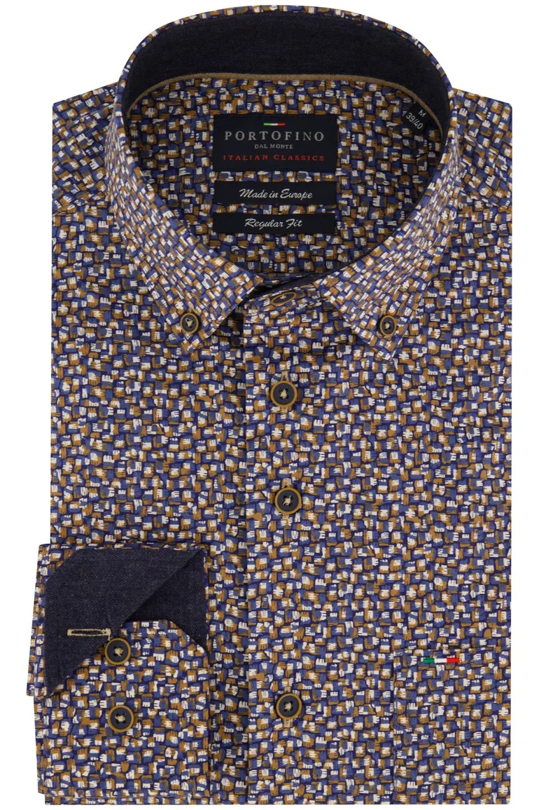 Portofino Regular Fit overhemd donkerblauw geprint katoen