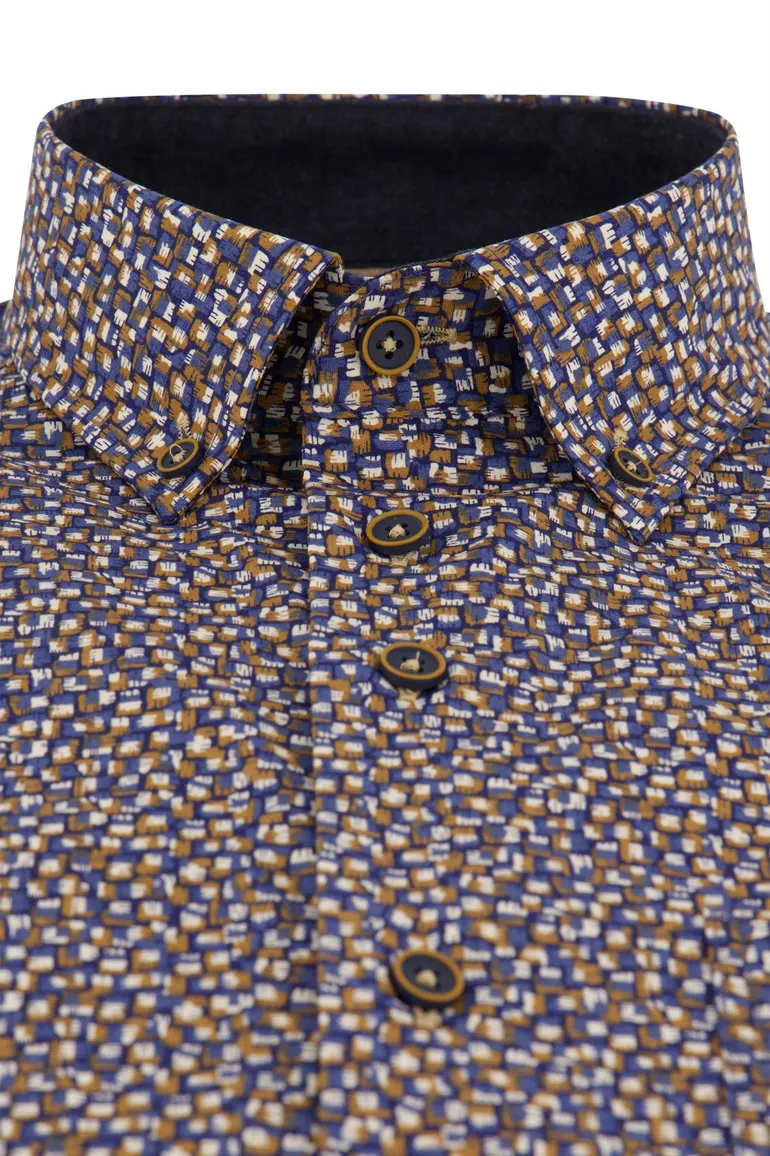 Portofino Regular Fit overhemd donkerblauw geprint katoen