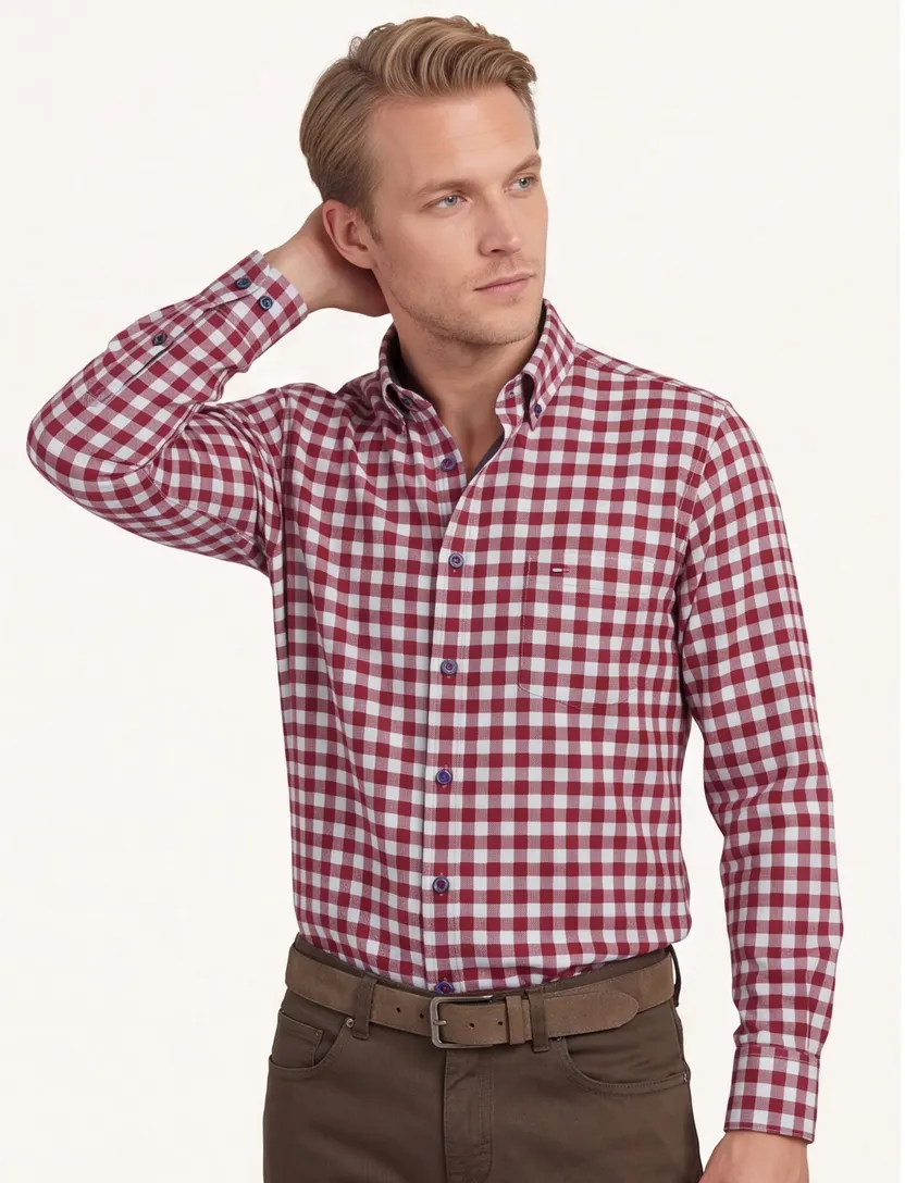 Portofino overhemd rood geruit flanel wijde fit