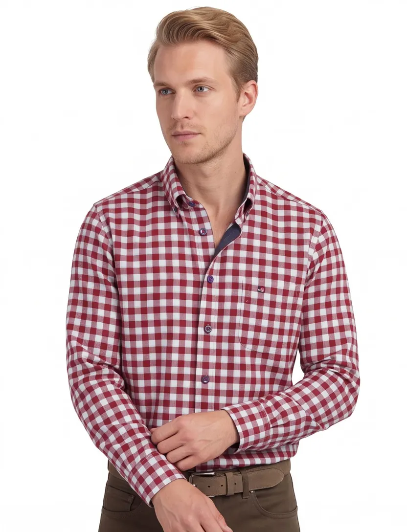 Portofino overhemd rood geruit flanel wijde fit
