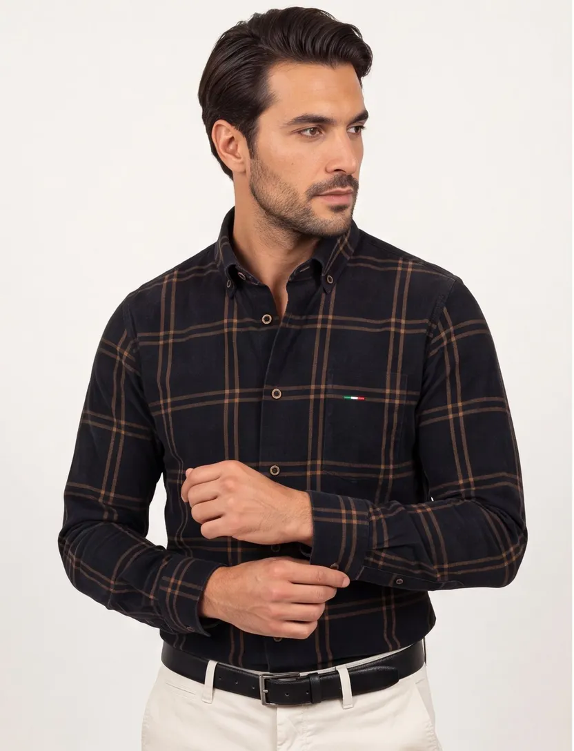 Portofino Regular Fit overhemd zwart geruit corduroy