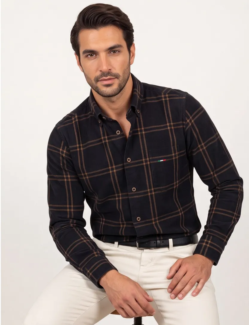 Portofino Regular Fit overhemd zwart geruit corduroy