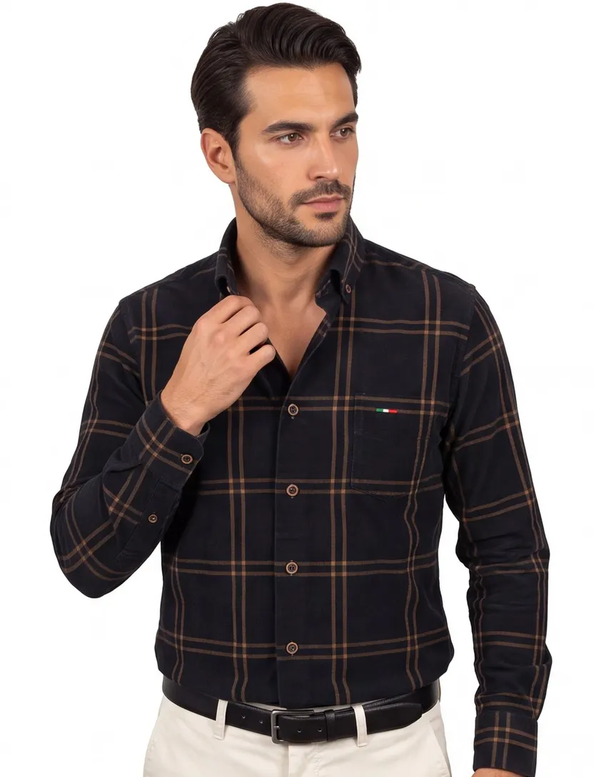 Portofino Regular Fit overhemd zwart geruit corduroy