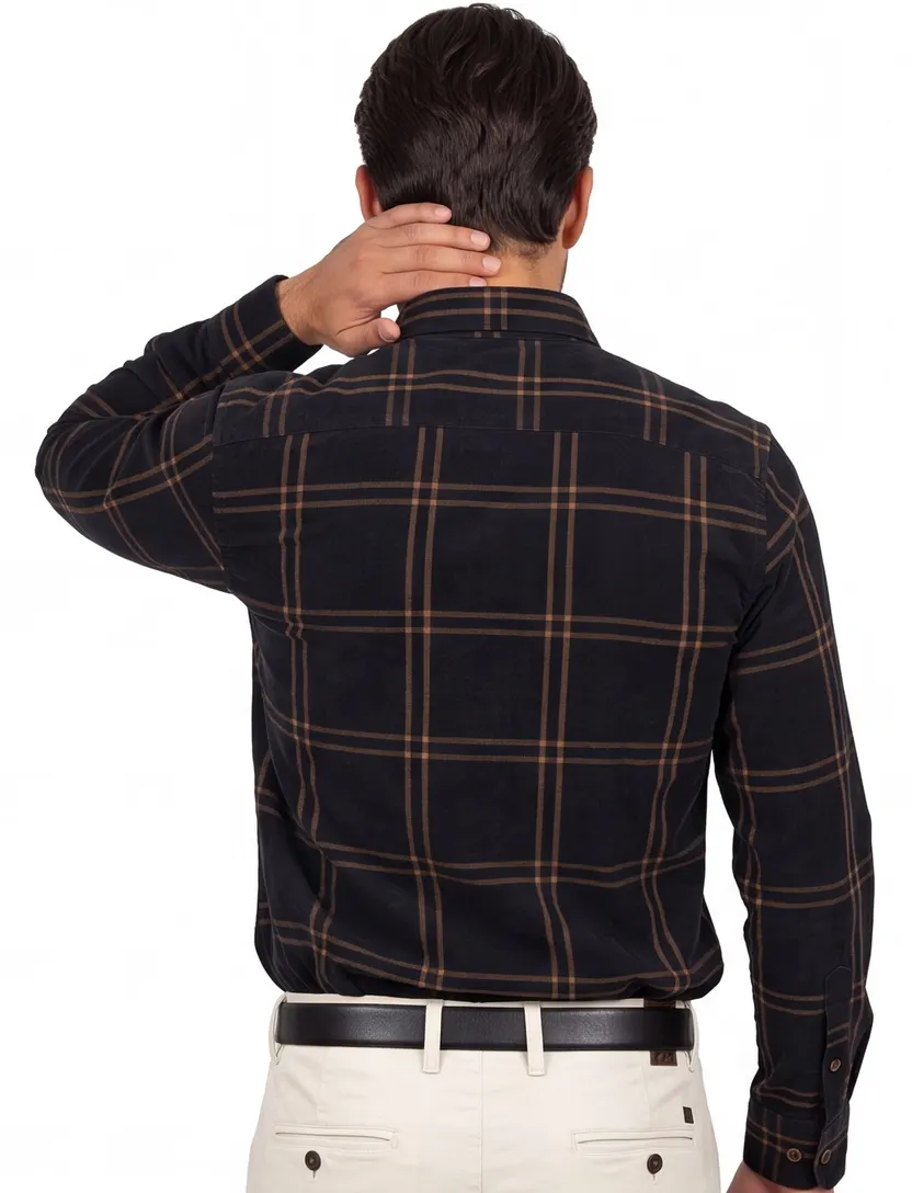Portofino Regular Fit overhemd zwart geruit corduroy