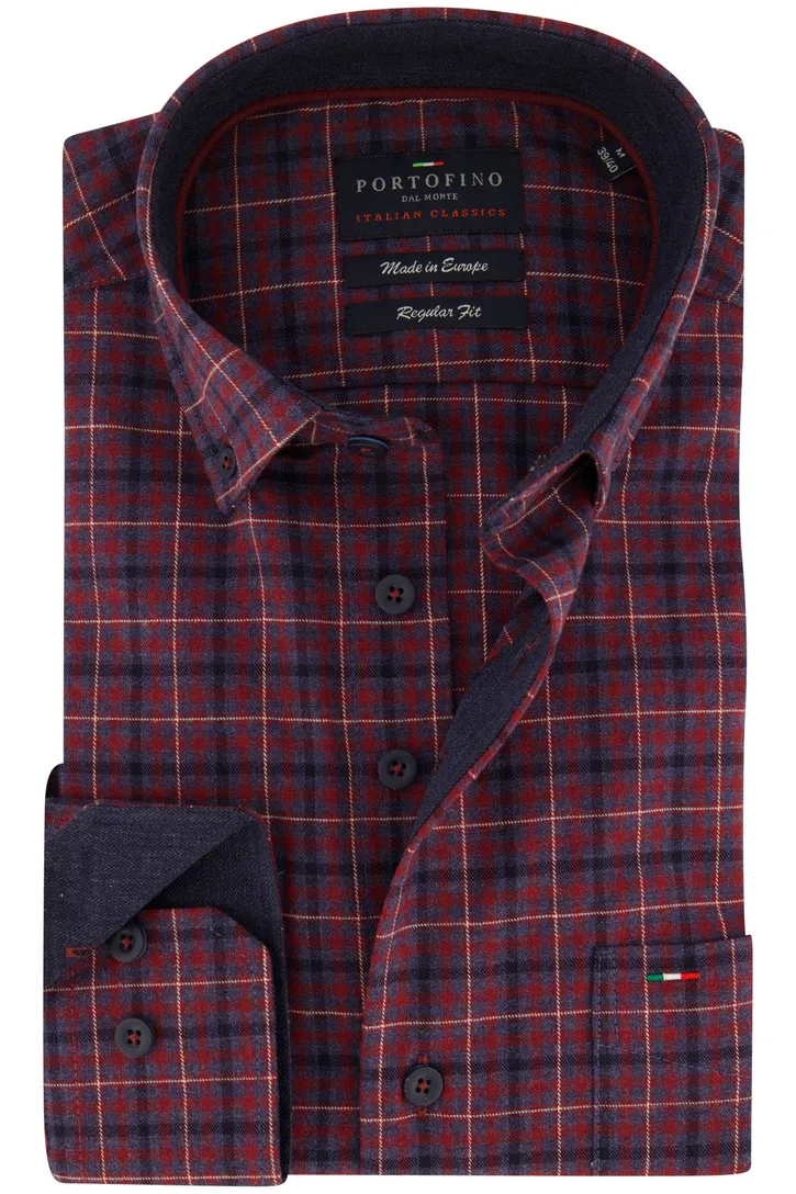 Portofino wijde fit overhemd rood geruit flanel