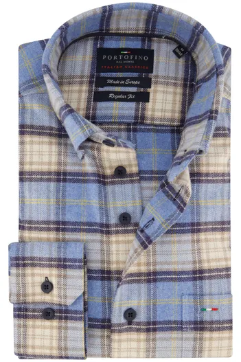 Portofino Portofino wijde fit overhemd blauw geruit flanel
