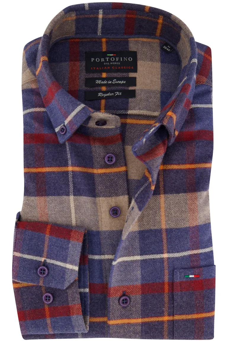 Portofino overhemd Regular Fit flanel blauw geruit
