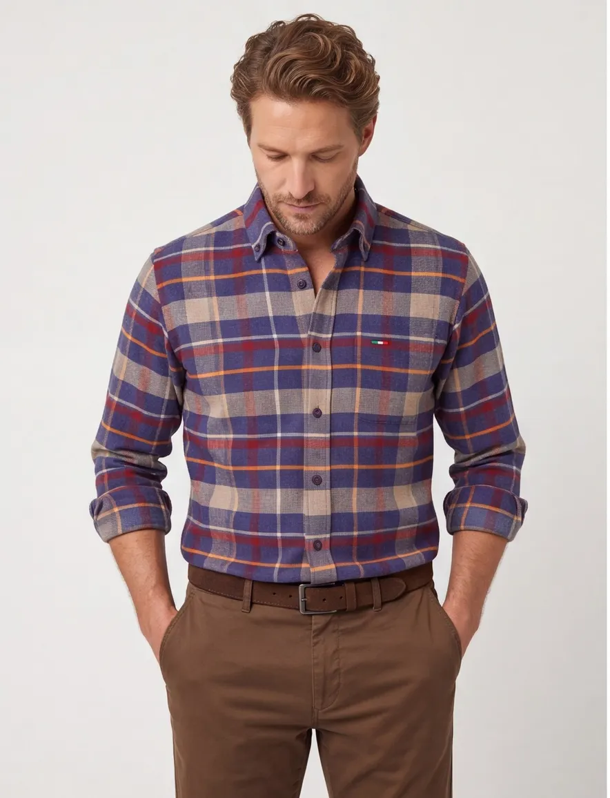 Portofino overhemd Regular Fit flanel blauw rood geruit