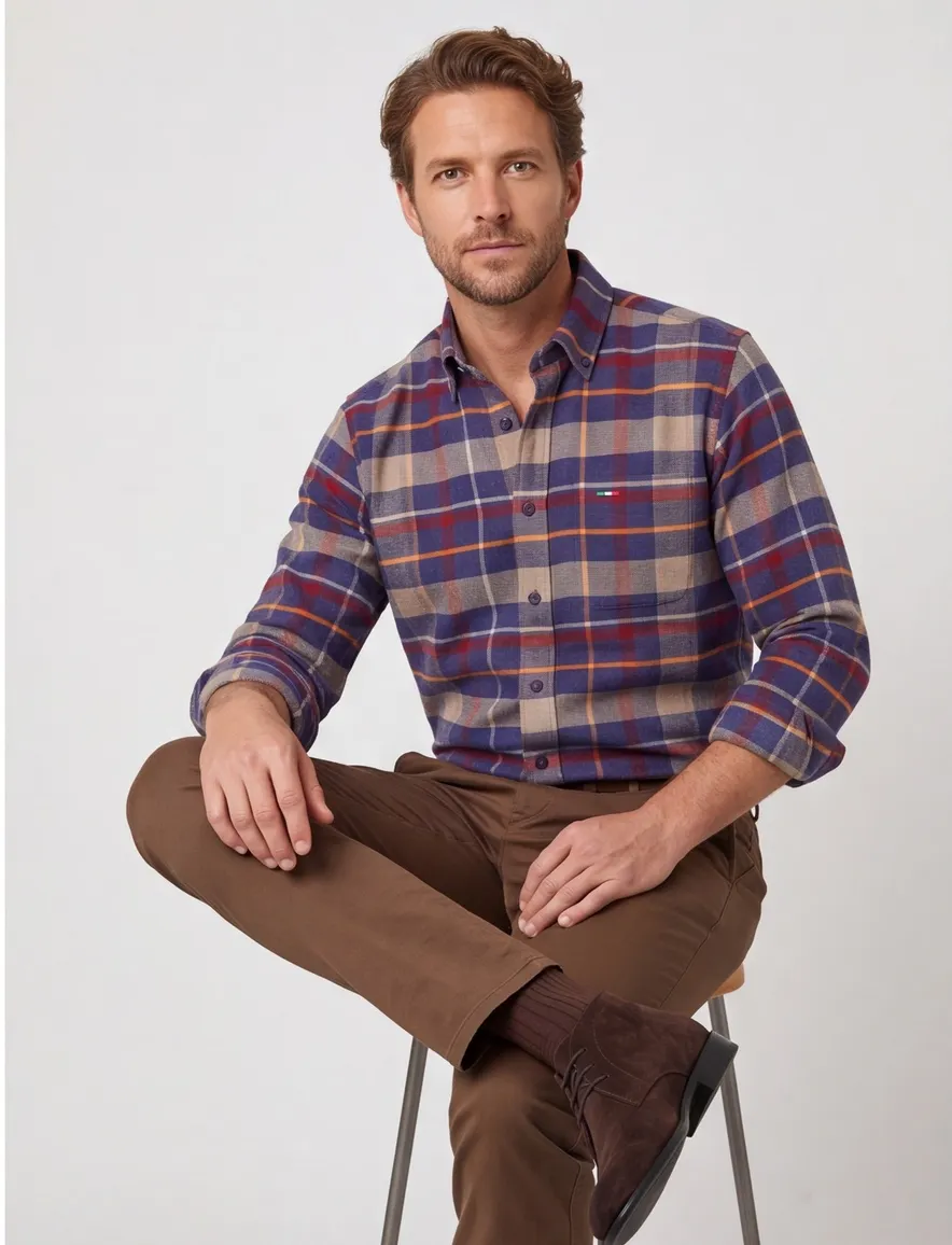 Portofino overhemd Regular Fit flanel blauw rood geruit